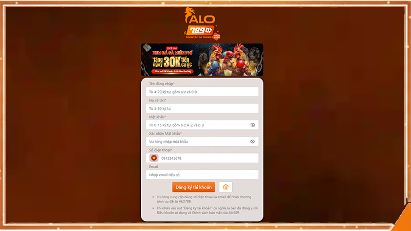 Biểu mẫu đăng ký ALO789 hiển thị đầy đủ trường thông tin