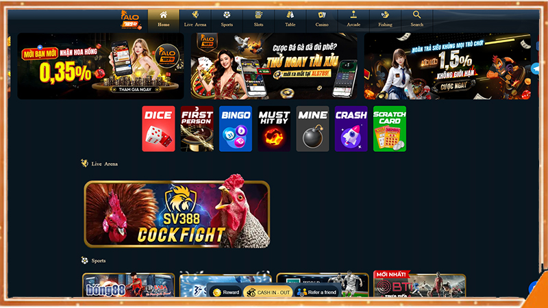 Giao diện sảnh đá gà ALO789 hỗ trợ lọc trận thông minh