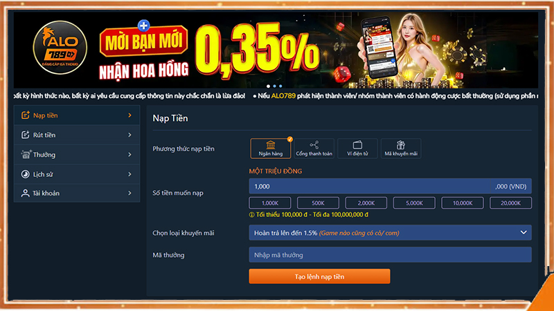 Giao diện thao tác chuyển khoản ALO789 hỗ trợ ngân hàng nội địa