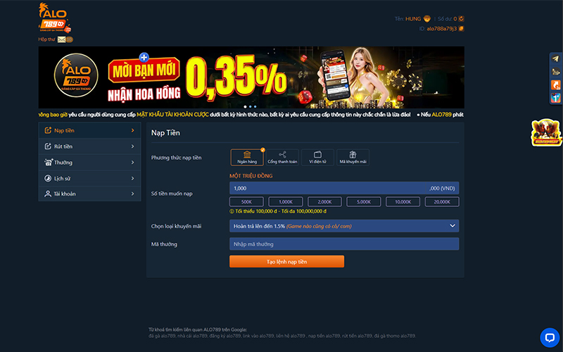 Hệ thống nạp tiền ALO789 xử lý nhanh từ 1 đến 3 phút