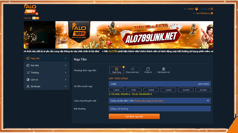 Hướng dẫn ALO789 các bước nạp tiền và rút tiền dễ dàng