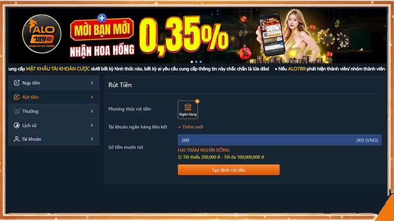 Hướng dẫn rút tiền ALO789 qua ngân hàng với quy trình minh bạch