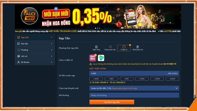Thao tác nạp tiền ALO789 bằng ví Momo hoặc ZaloPay nhanh gọn