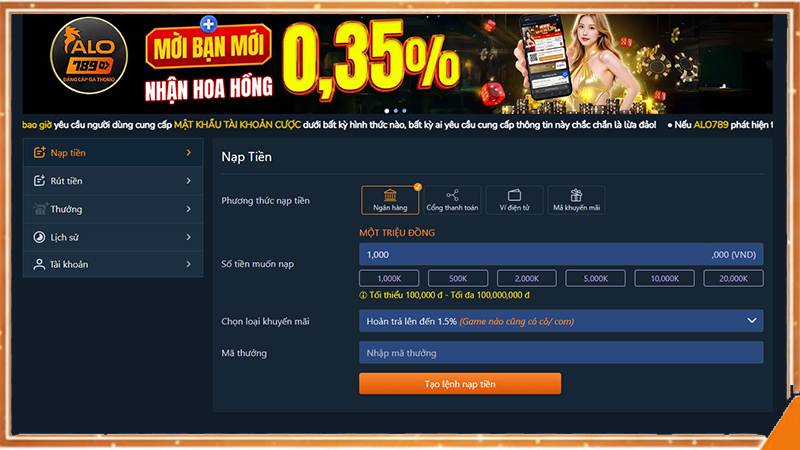 Tra soát giao dịch nạp rút ALO789 liên hệ hỗ trợ khi chưa cộng tiền